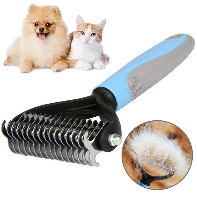 Grooming Brush For Pet Dog Cat Deshedding Tool Rake Comb Fur Remover Reduce 2-Side Dematting Tool For Dogs Cats Pets Grooming Brush Double Sided Shedding And Dematting Undercoat Rake Hair Removal Comb Dog Hugs Cat