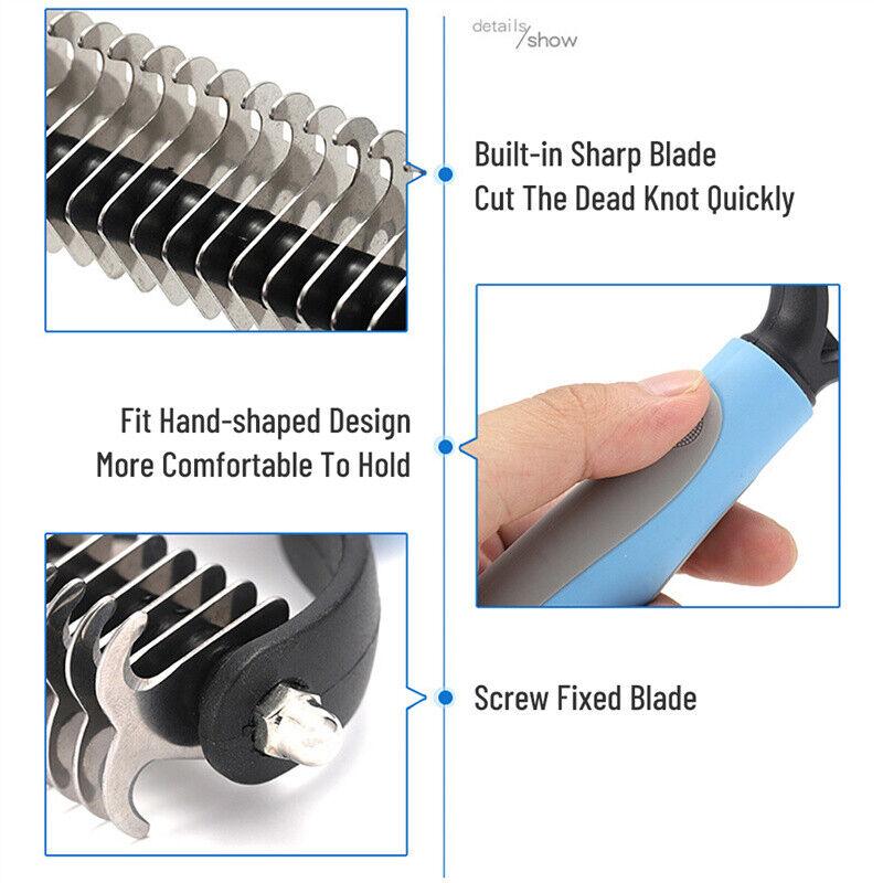 Grooming Brush For Pet Dog Cat Deshedding Tool Rake Comb Fur Remover Reduce 2-Side Dematting Tool For Dogs Cats Pets Grooming Brush Double Sided Shedding And Dematting Undercoat Rake Hair Removal Comb Dog Hugs Cat
