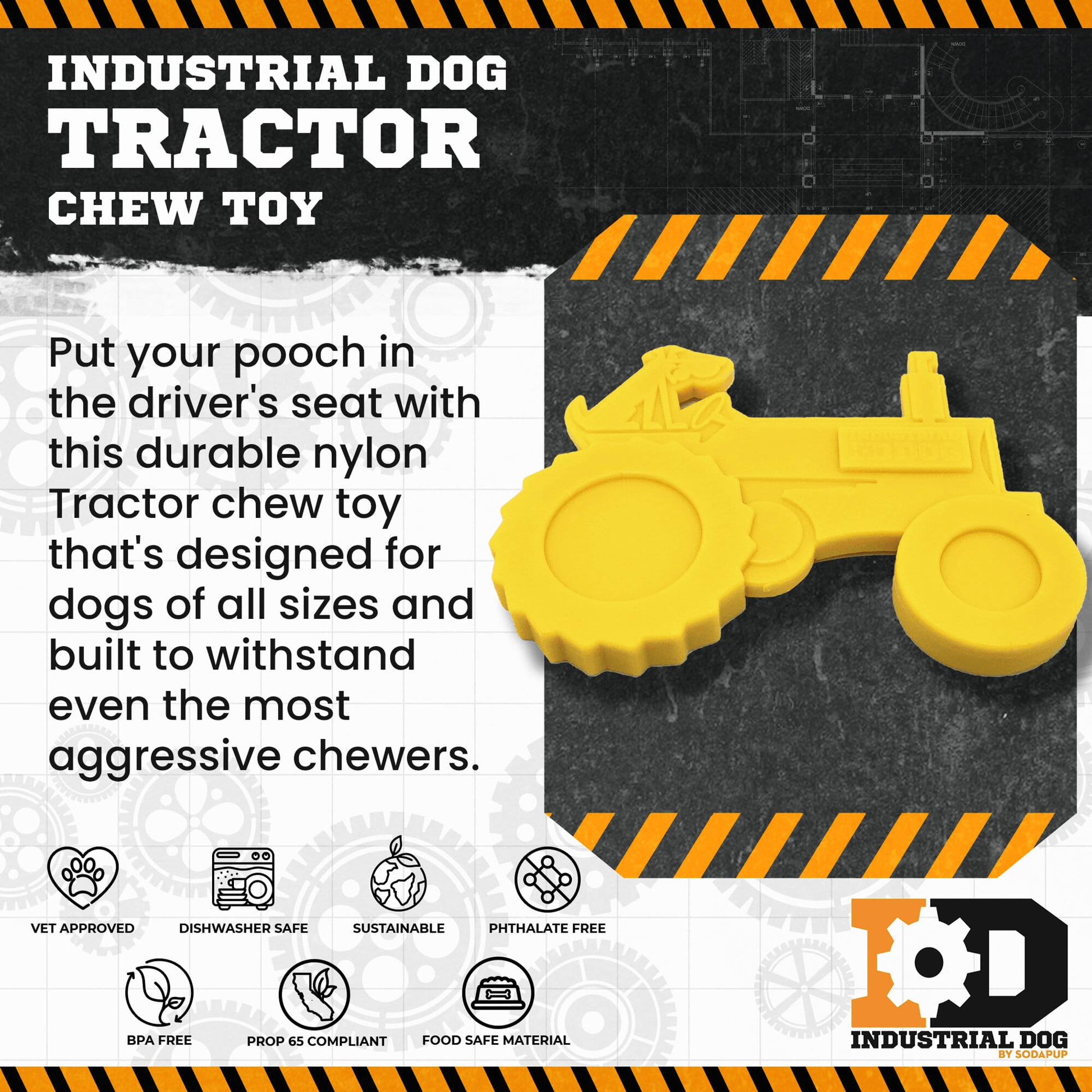 ID Tractor Ultra-Durable Nylon Chew Toy for Aggressive Dogs SodaPup