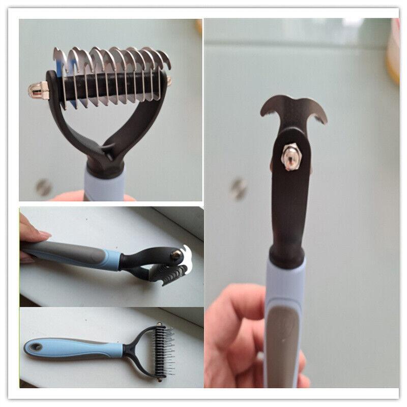 Grooming Brush For Pet Dog Cat Deshedding Tool Rake Comb Fur Remover Reduce 2-Side Dematting Tool For Dogs Cats Pets Grooming Brush Double Sided Shedding And Dematting Undercoat Rake Hair Removal Comb Dog Hugs Cat