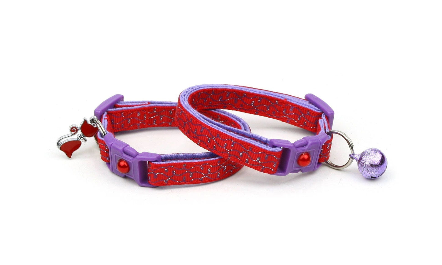 Purple Squiggles on Red Cat Collar Pugs2Persians