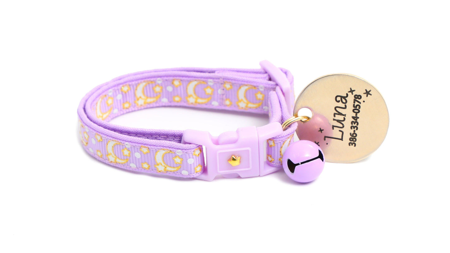Gold Moons and Stars on Pastel Purple Cat Collar Pugs2Persians