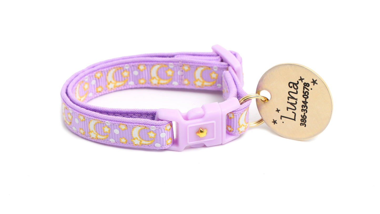 Gold Moons and Stars on Pastel Purple Cat Collar Pugs2Persians