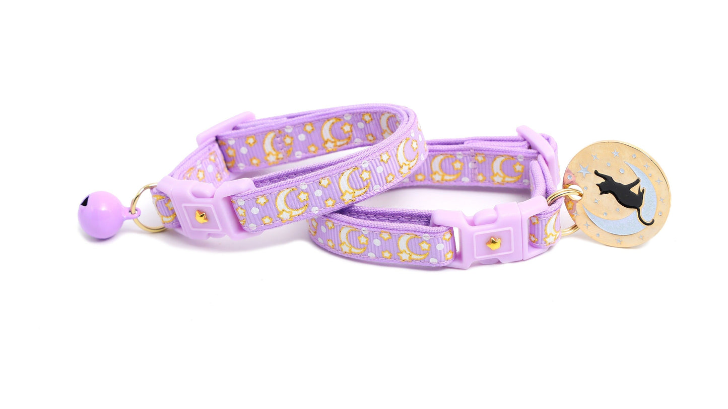 Gold Moons and Stars on Pastel Purple Cat Collar Pugs2Persians
